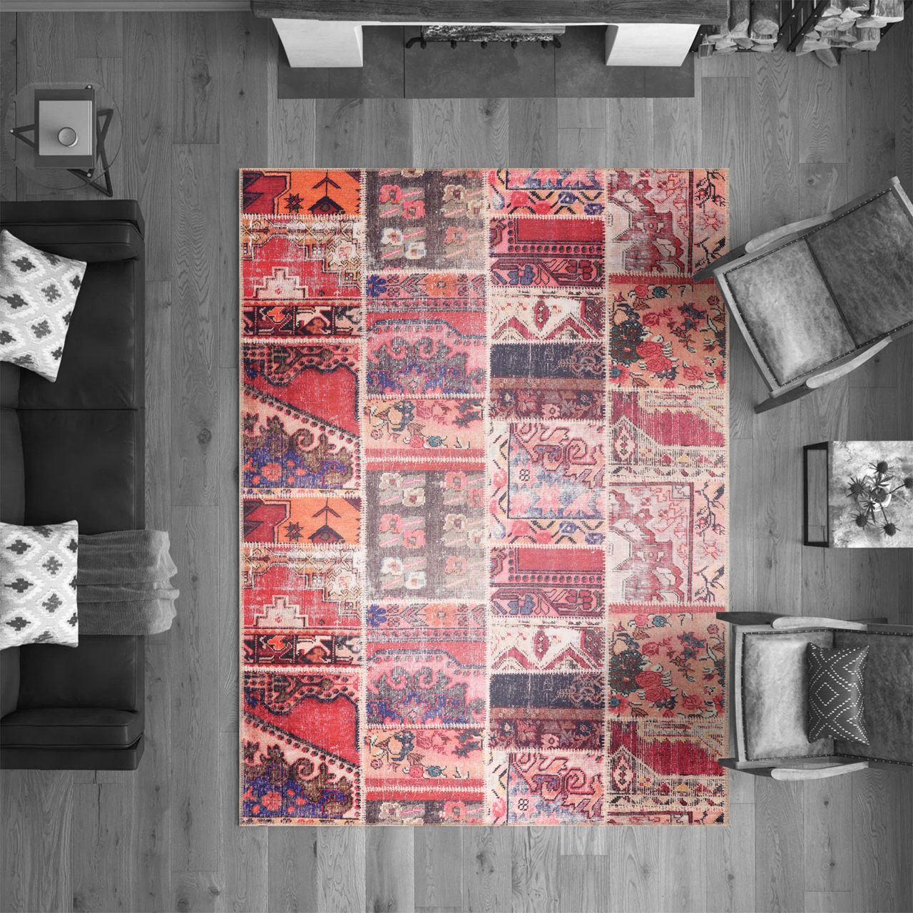 Ljuva Home Kilim Red Medallion Patchwork Washable Rug Design 1306