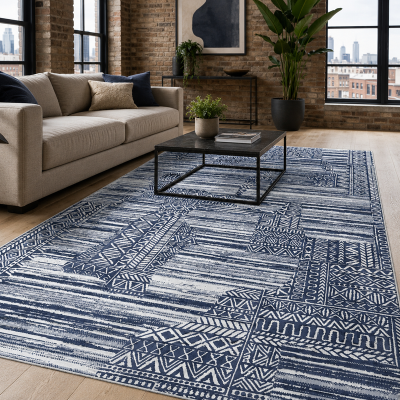 Meridian Denimblå – tvättbar matta