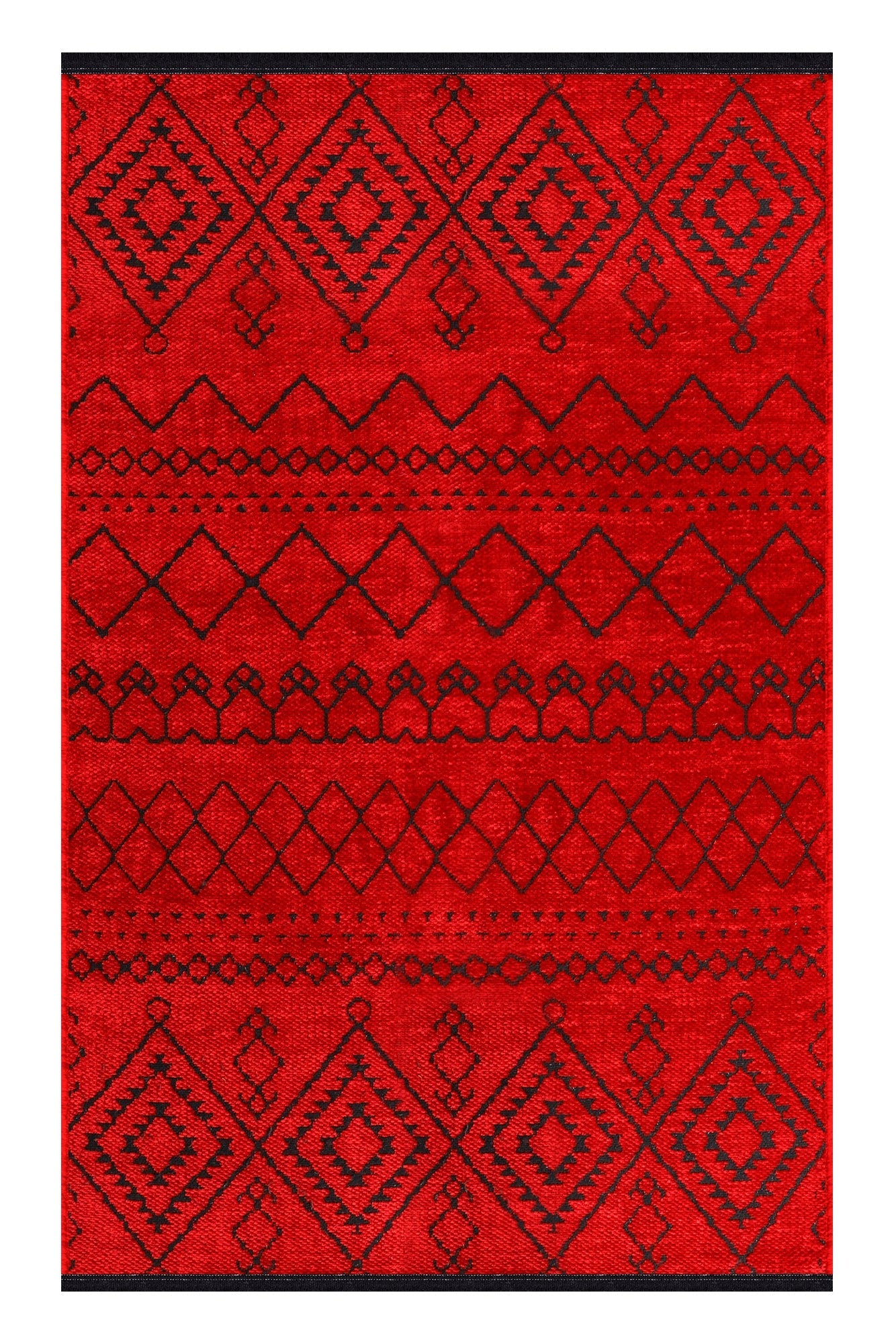 Red rug with black geometric pattern on a white background