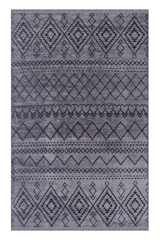 Gray area rug with geometric pattern on a white background