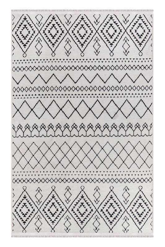 Rug with black geometric pattern on a white background