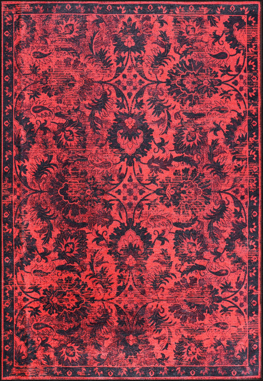 Ljuva Home RW1010 – Machine Washable Red Vintage Floral Rug | Damask-Inspired Oriental Carpet for Living Room, Bedroom & Dining