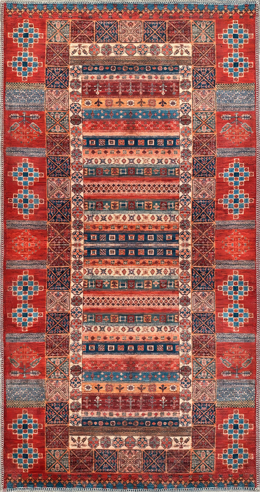 Ljuva Home NH1316 – Machine Washable Caucasian Tribal Rug | Multicolor Striped Oriental Carpet for Living Room & Bedroom