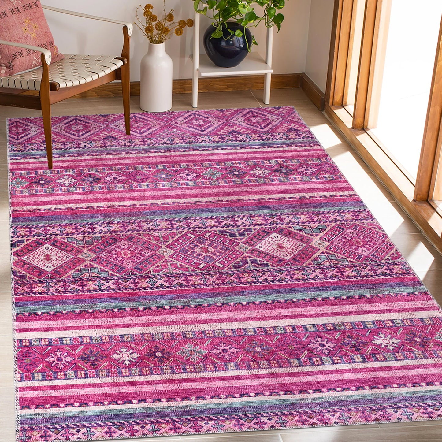 Ljuva Home Bohemian Pink Striped Washable Rug Design 1322P