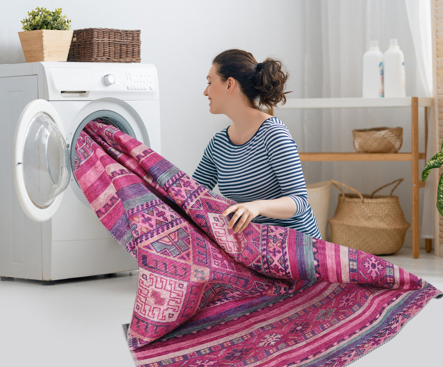 Ljuva Home Bohemian Pink Striped Washable Rug Design 1322P