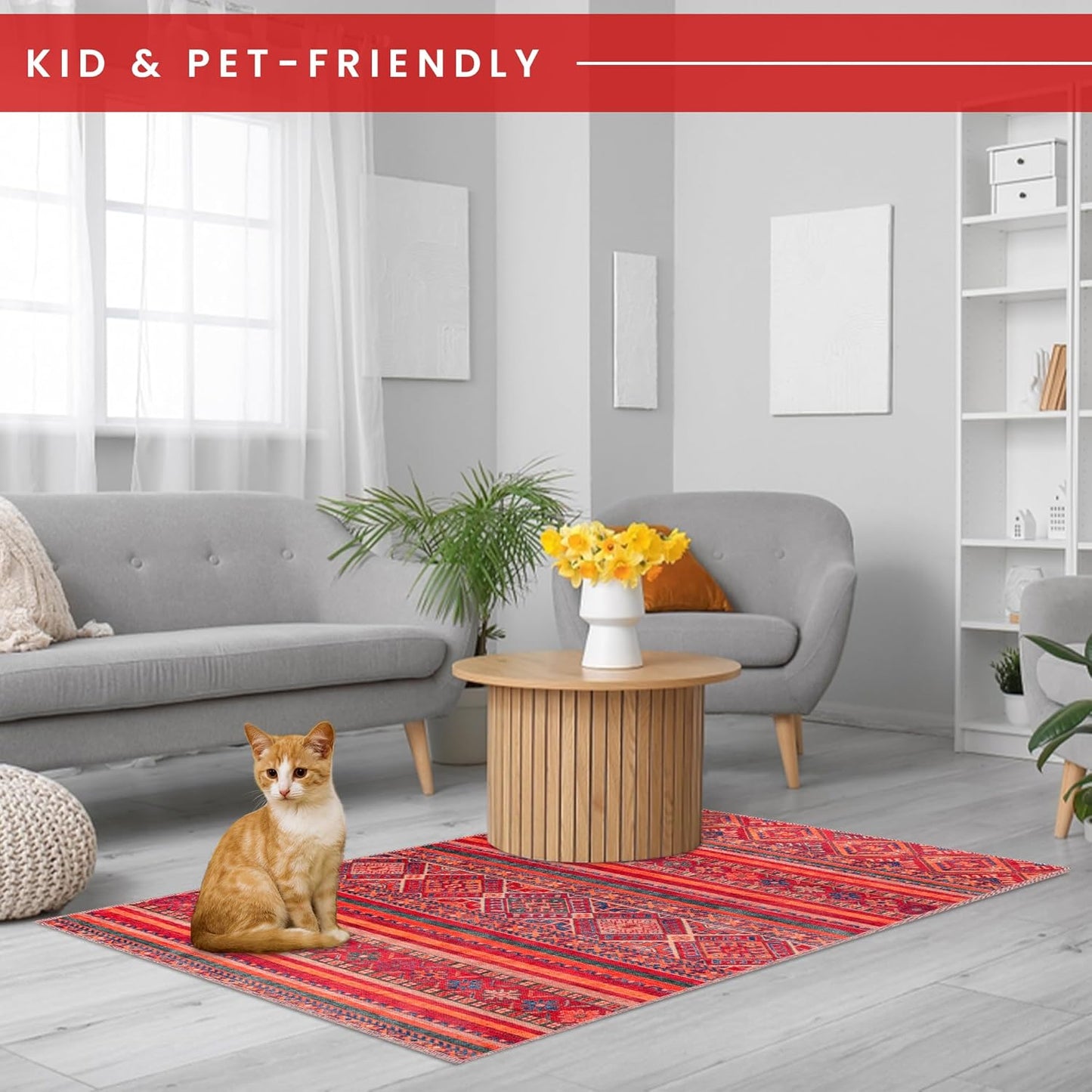 Ljuva Home 1322K – Machine Washable Red Tribal Kilim Rug | Multicolor Geometric Striped Carpet for Living Room, Bedroom & Dining