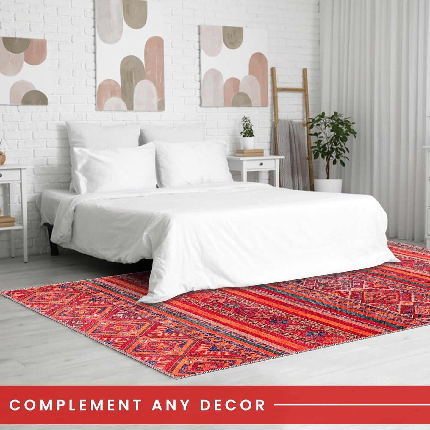 Ljuva Home 1322K – Machine Washable Red Tribal Kilim Rug | Multicolor Geometric Striped Carpet for Living Room, Bedroom & Dining