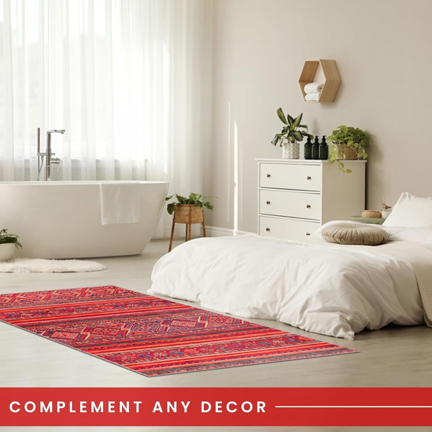 Ljuva Home 1322K – Machine Washable Red Tribal Kilim Rug | Multicolor Geometric Striped Carpet for Living Room, Bedroom & Dining