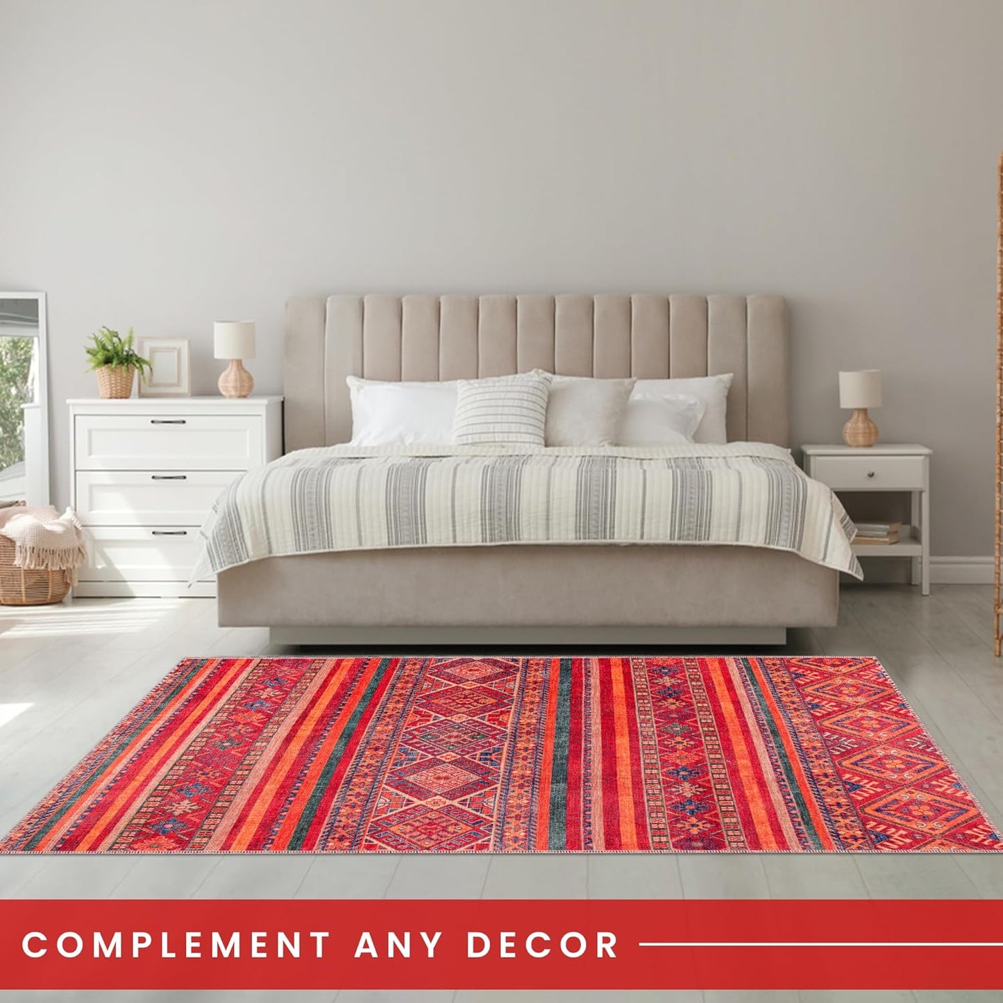 Ljuva Home 1322K – Machine Washable Red Tribal Kilim Rug | Multicolor Geometric Striped Carpet for Living Room, Bedroom & Dining