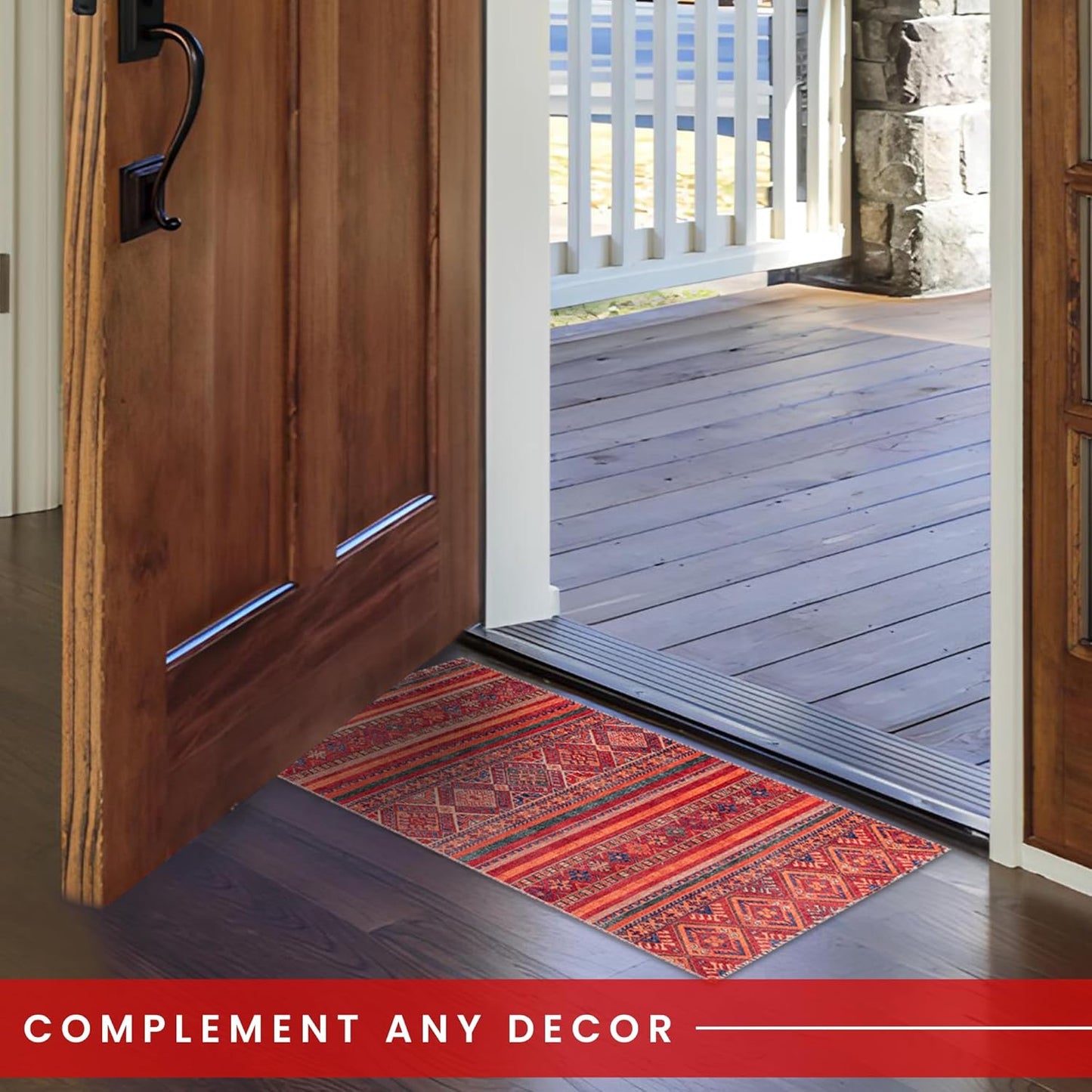 Ljuva Home 1322K – Machine Washable Red Tribal Kilim Rug | Multicolor Geometric Striped Carpet for Living Room, Bedroom & Dining