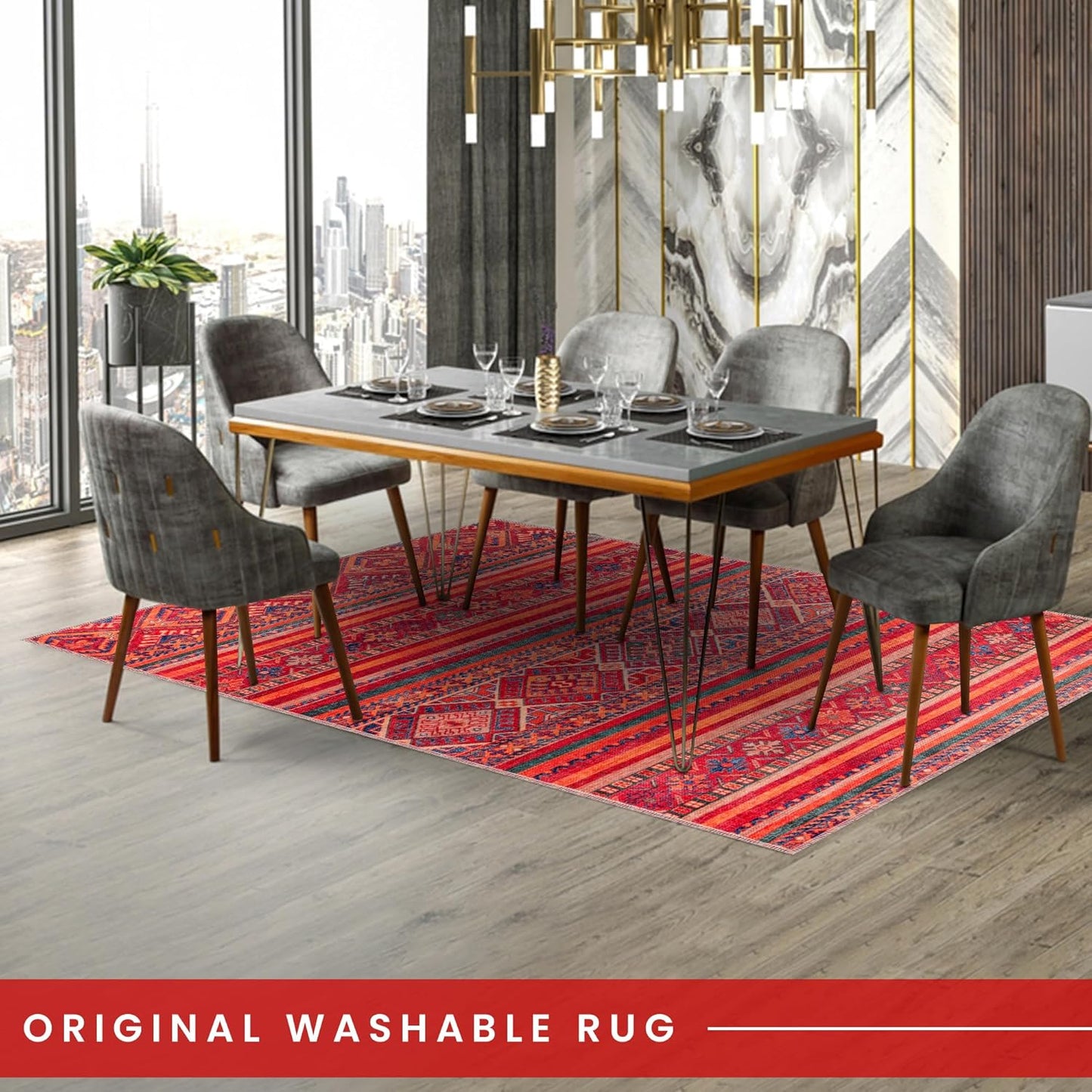 Ljuva Home 1322K – Machine Washable Red Tribal Kilim Rug | Multicolor Geometric Striped Carpet for Living Room, Bedroom & Dining