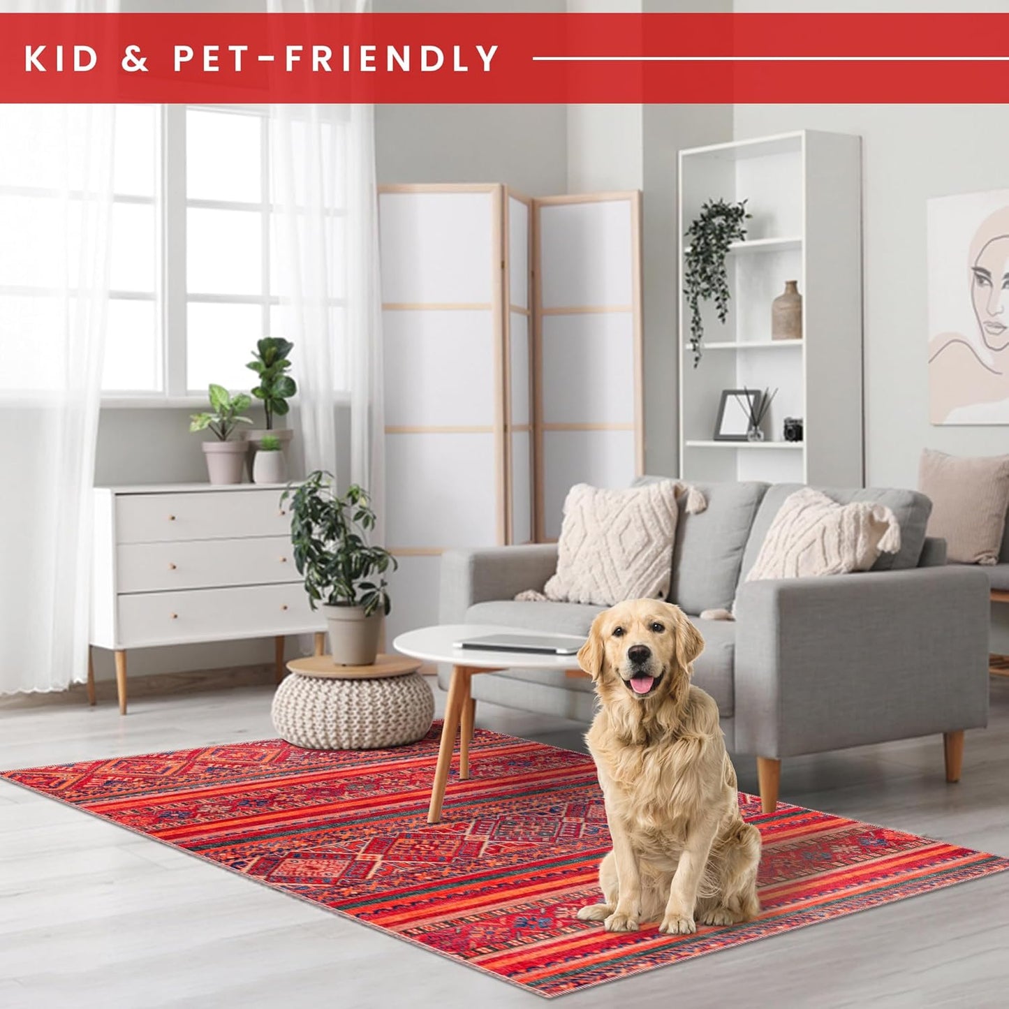 Ljuva Home 1322K – Machine Washable Red Tribal Kilim Rug | Multicolor Geometric Striped Carpet for Living Room, Bedroom & Dining