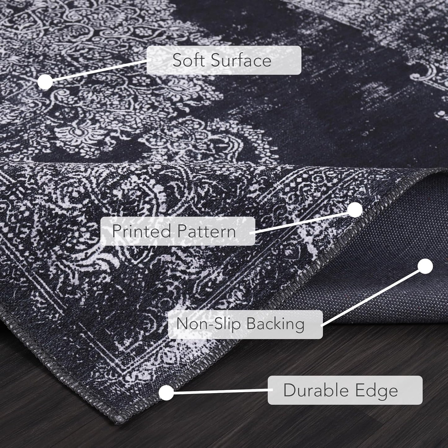 Ljuva Home Kilim Black and Gray Medallion Washable Rug Design 1319