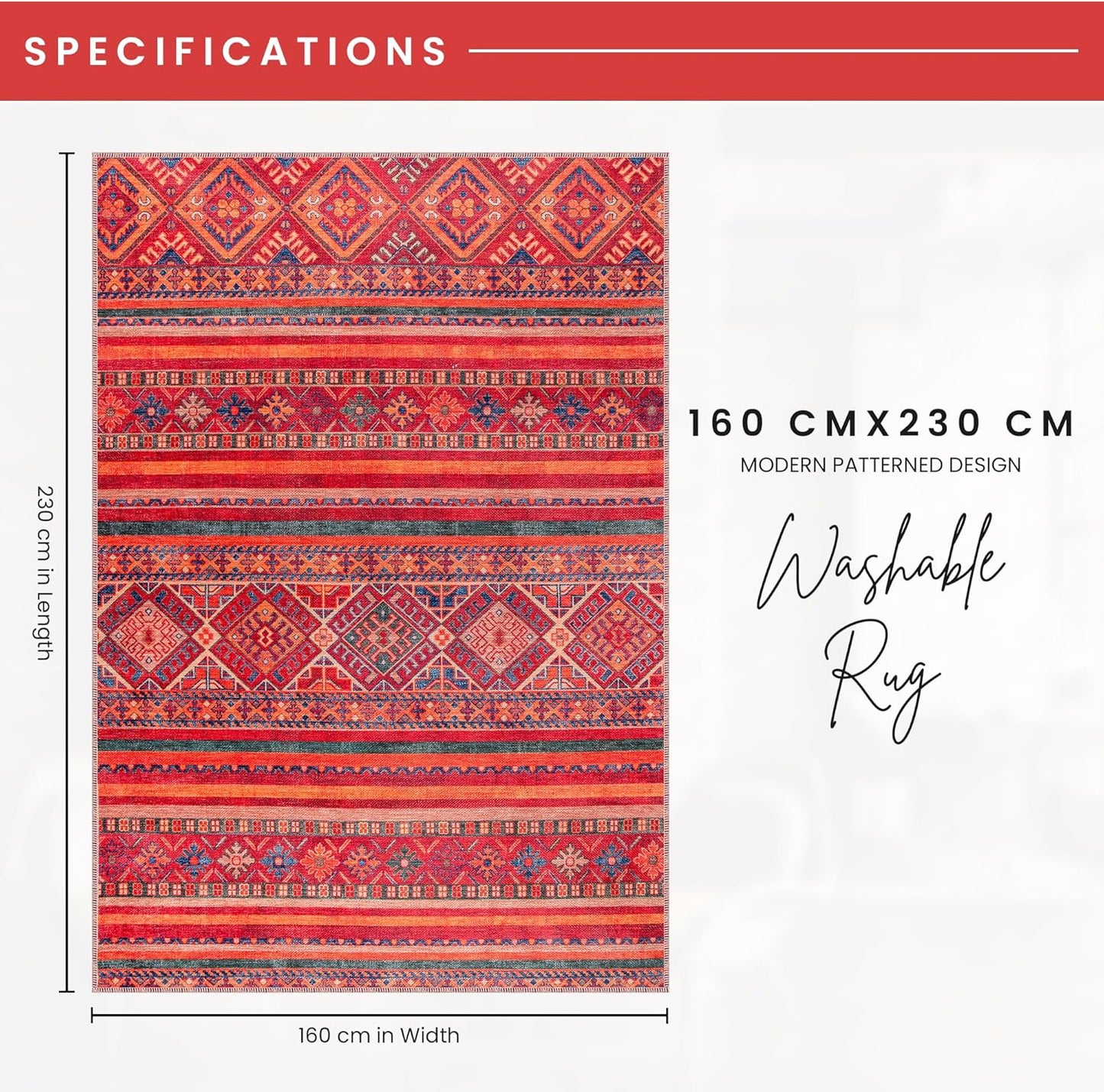 Ljuva Home 1322K – Machine Washable Red Tribal Kilim Rug | Multicolor Geometric Striped Carpet for Living Room, Bedroom & Dining