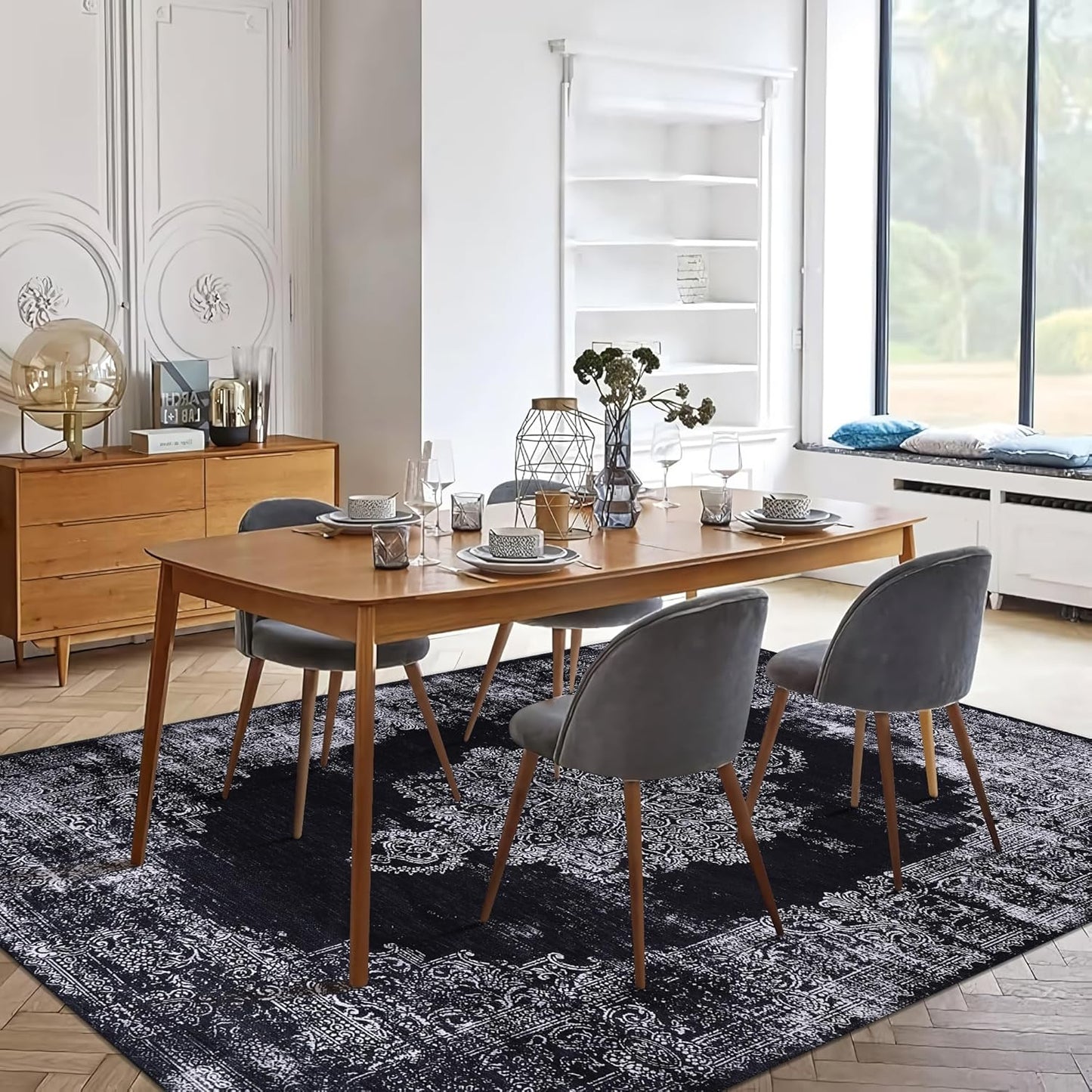 Ljuva Home Kilim Black and Gray Medallion Washable Rug Design 1319