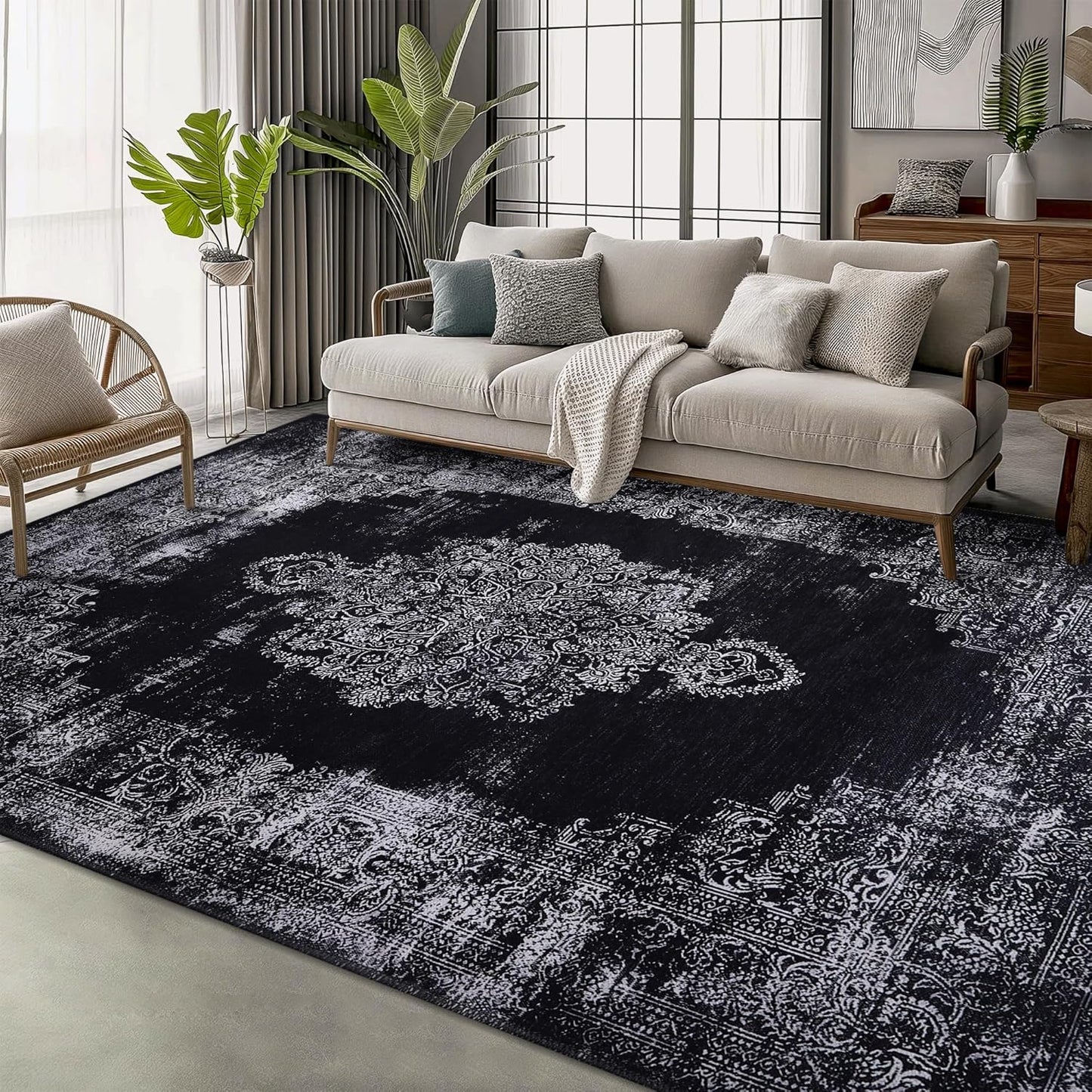 Ljuva Home Kilim Black and Gray Medallion Washable Rug Design 1319