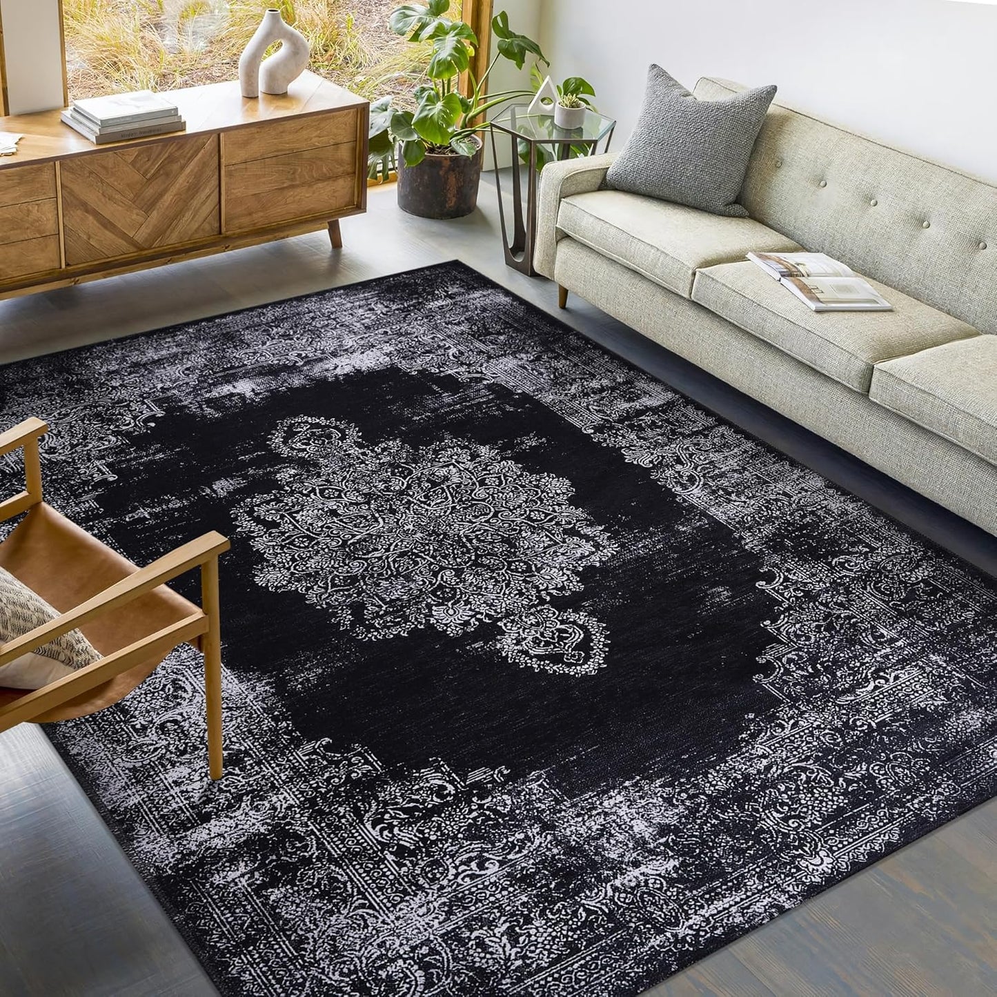Ljuva Home Kilim Black and Gray Medallion Washable Rug Design 1319