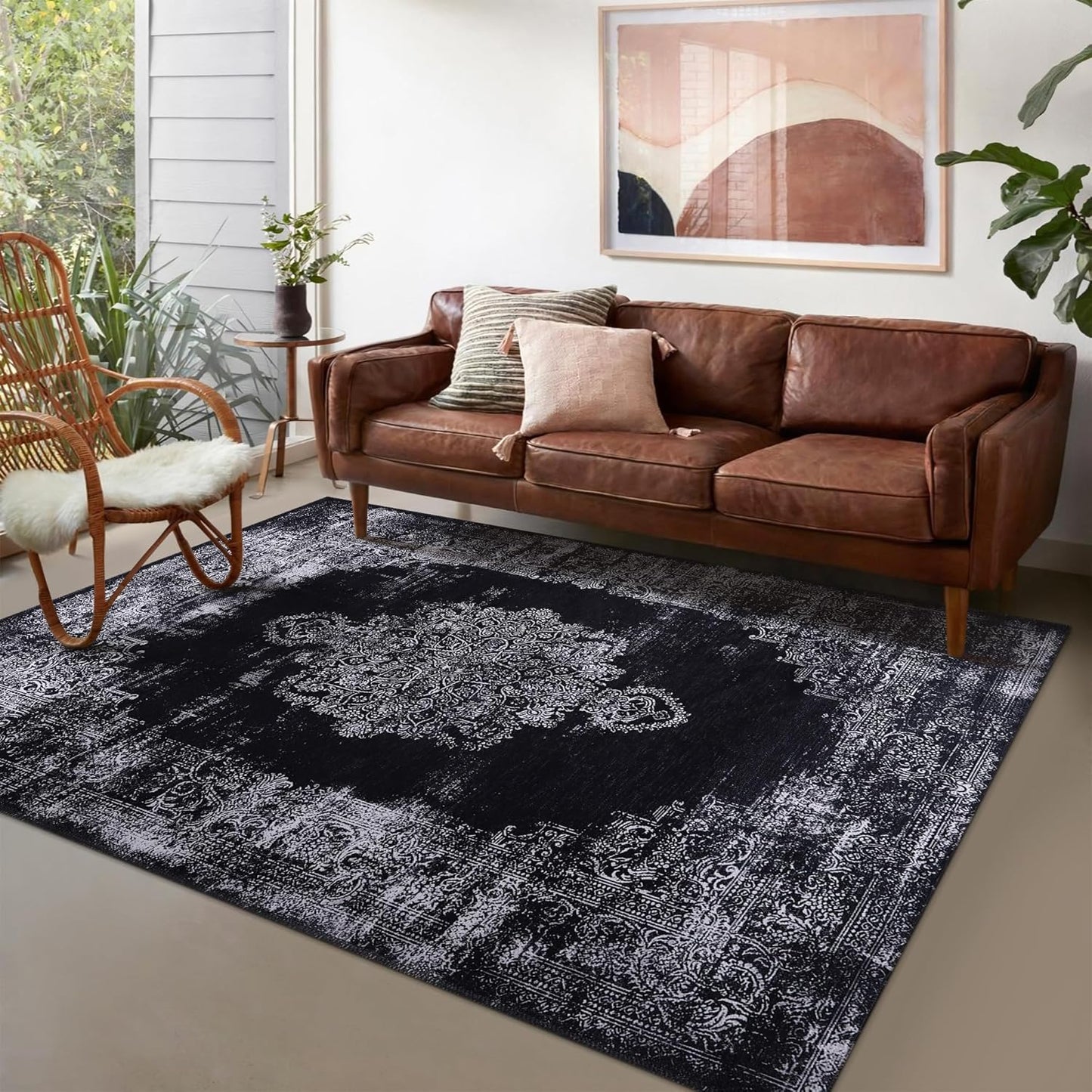 Ljuva Home Kilim Black and Gray Medallion Washable Rug Design 1319