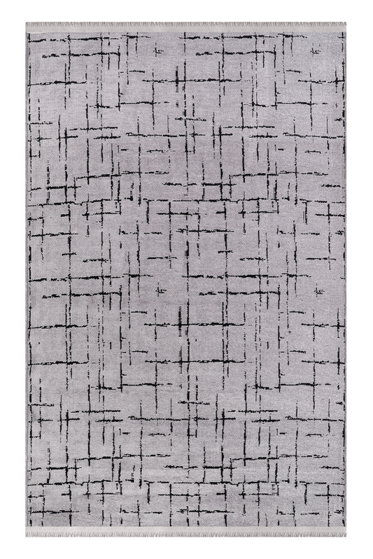 Gray area rug with black abstract pattern on a white background