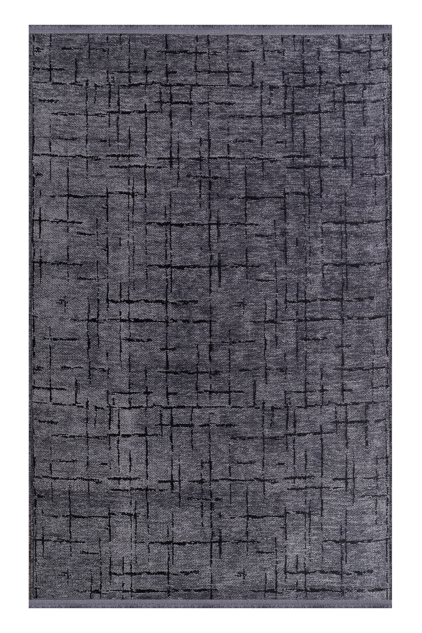 Gray area rug with black abstract pattern on a white background