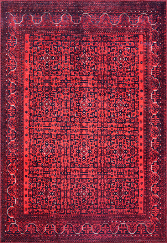 Ljuva Home NH1317 – Machine Washable Bokhara Red Rug | Classic Geometric Oriental Carpet for Living Room & Bedroom