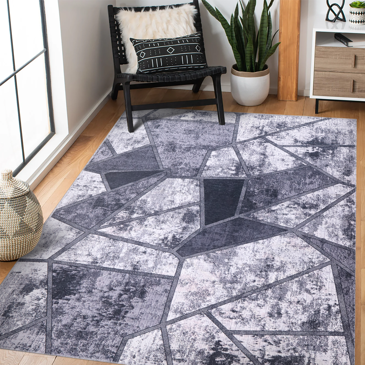 Ljuva Home Geometric Black & White Patchwork Washable Rug Design 4001