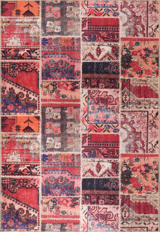 Ljuva Home Kilim Red Medallion Patchwork Washable Rug Design 1306
