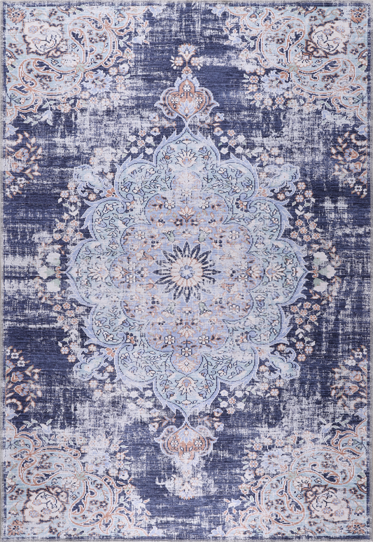 Ljuva Home Traditional Blue Abstract Medallion Washable Rug Design 1487