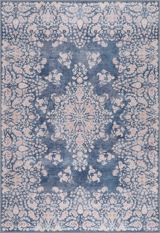 Decorative rug with floral pattern in blue and beige tones