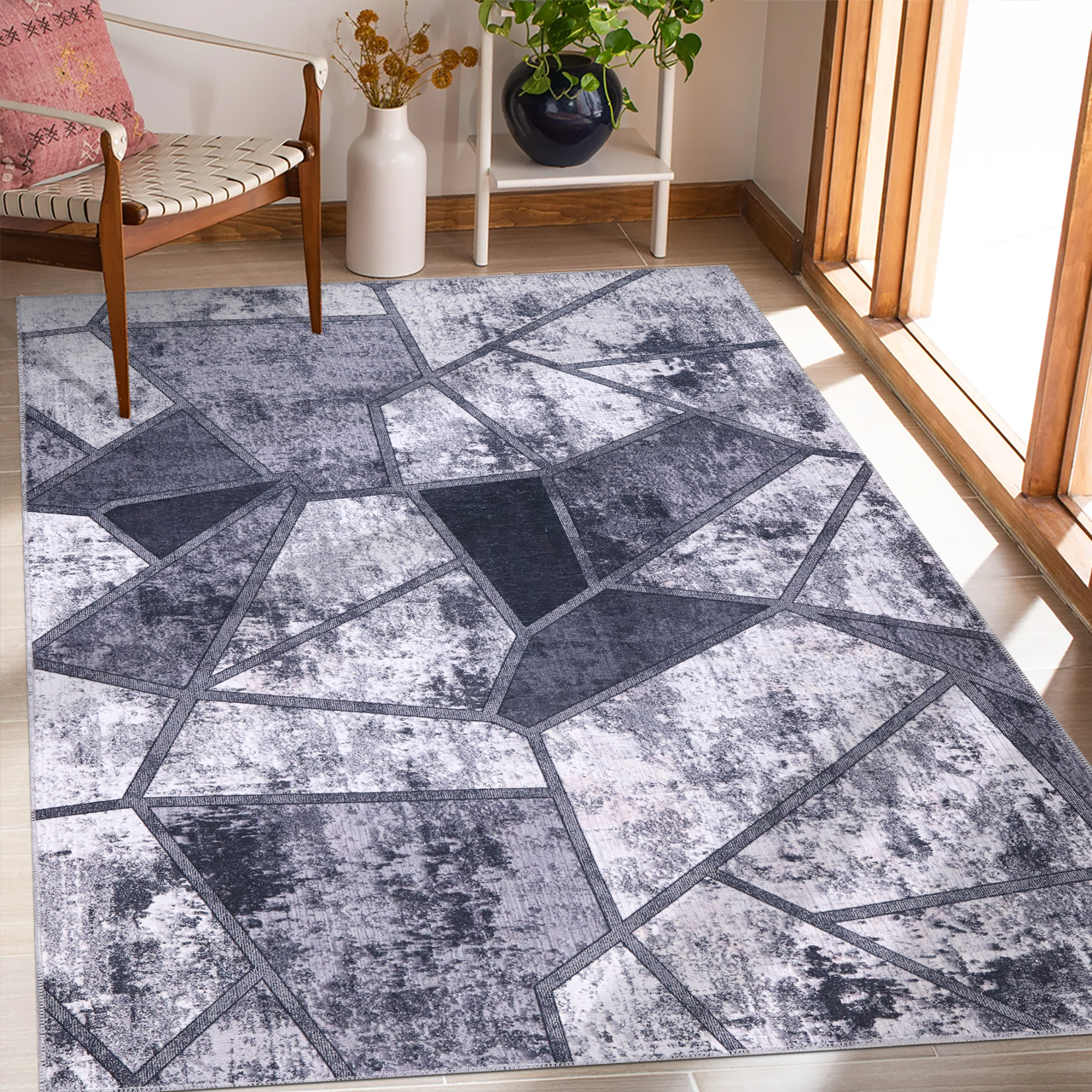 Ljuva Home Geometric Black & White Patchwork Washable Rug Design 4001