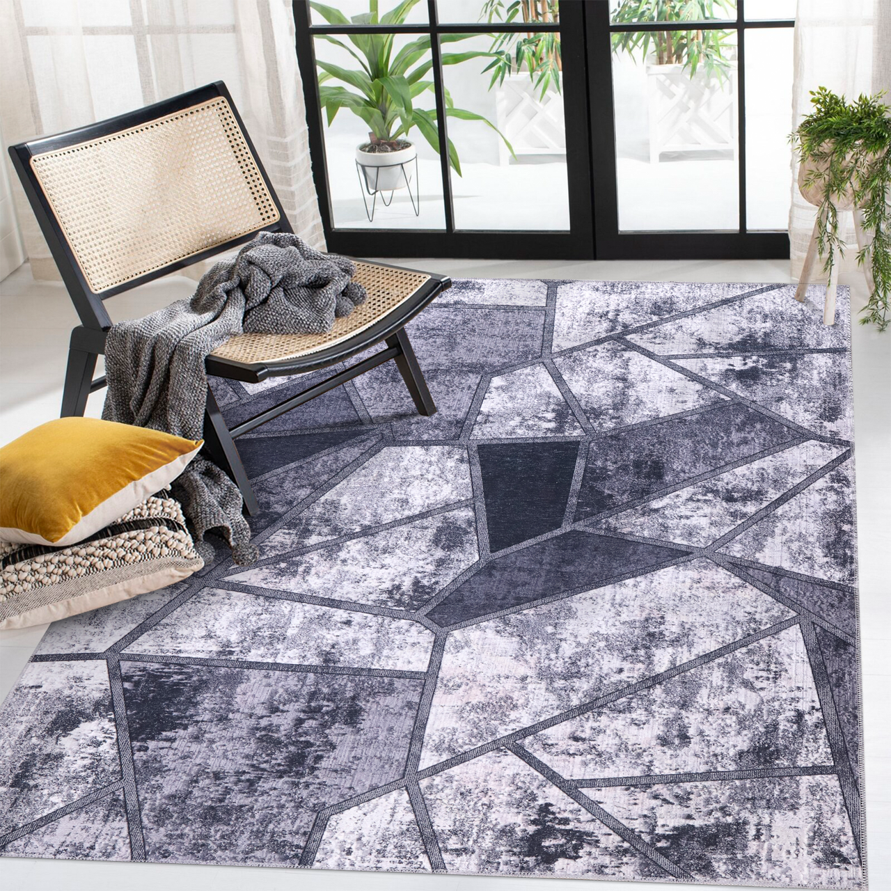 Ljuva Home Geometric Black & White Patchwork Washable Rug Design 4001