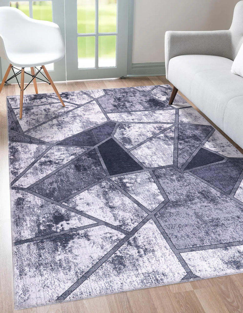 Ljuva Home Geometric Black & White Patchwork Washable Rug Design 4001