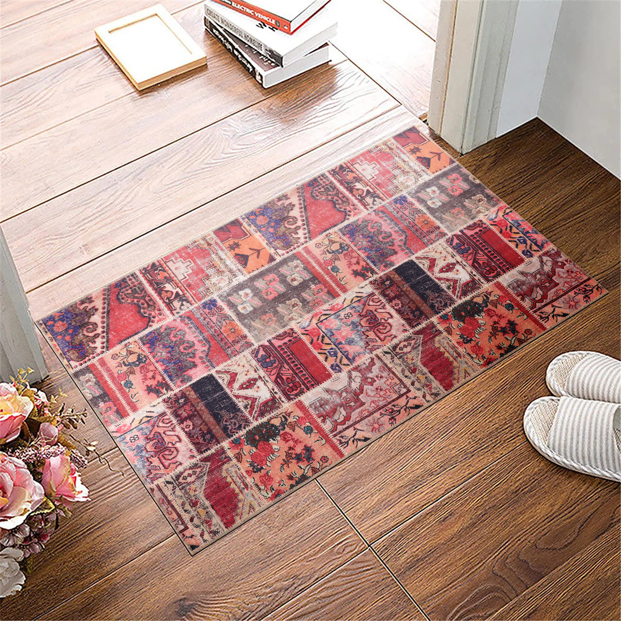 Ljuva Home Kilim Red Medallion Patchwork Washable Rug Design 1306