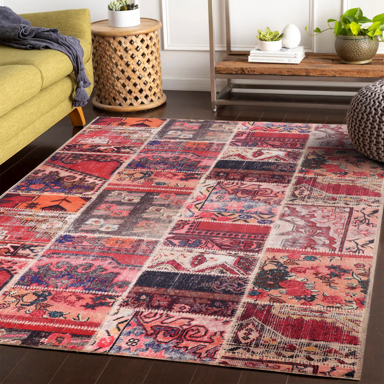 Ljuva Home Kilim Red Medallion Patchwork Washable Rug Design 1306
