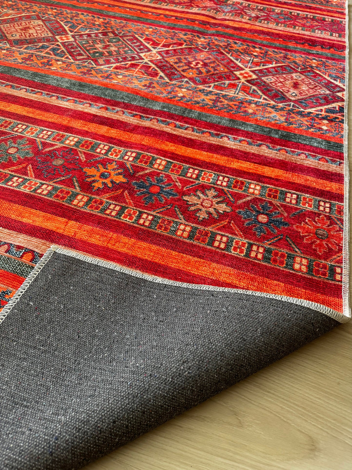 Ljuva Home 1322K – Machine Washable Red Tribal Kilim Rug | Multicolor Geometric Striped Carpet for Living Room, Bedroom & Dining