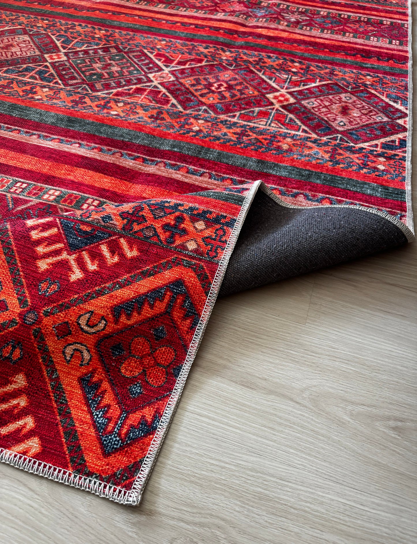 Ljuva Home 1322K – Machine Washable Red Tribal Kilim Rug | Multicolor Geometric Striped Carpet for Living Room, Bedroom & Dining