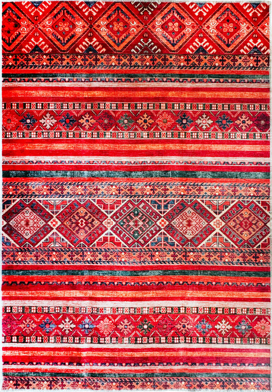 Ljuva Home 1322K – Machine Washable Red Tribal Kilim Rug | Multicolor Geometric Striped Carpet for Living Room, Bedroom & Dining