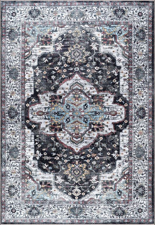 Ljuva Home RW1003 – Machine Washable Persian Medallion Rug | Vintage Black & White Oriental Carpet with Blue Accents for Living Room, Bedroom & Dining