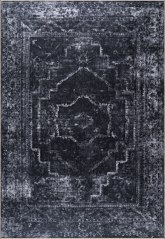 Ljuva Home RW1007 – Machine Washable Distressed Black Rug | Modern Vintage Medallion Carpet for Living Room, Bedroom & Office
