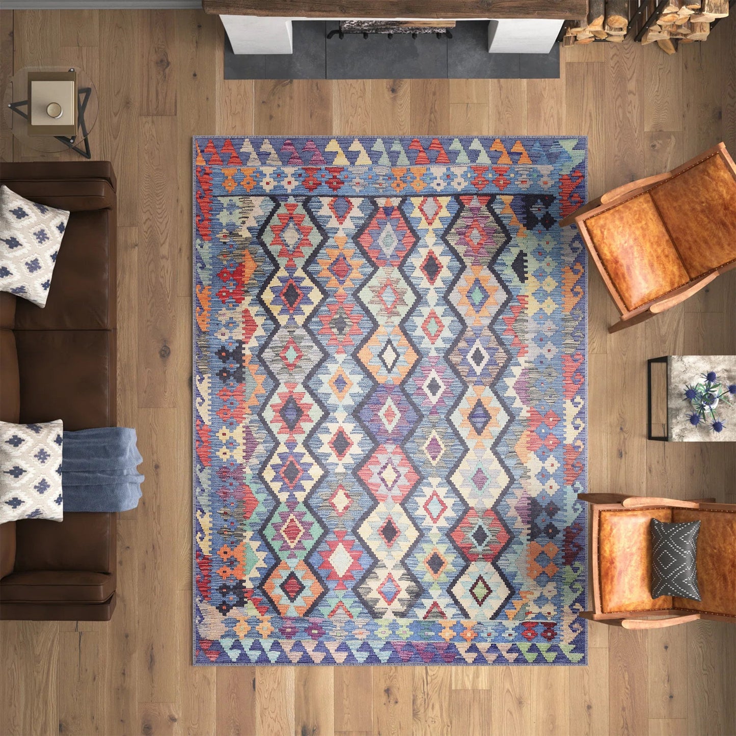 Ljuva Home – Kilim Tribal Geometric Multicolor Rug | Machine Washable Chenille Rug with Non-Slip Cotton Backing