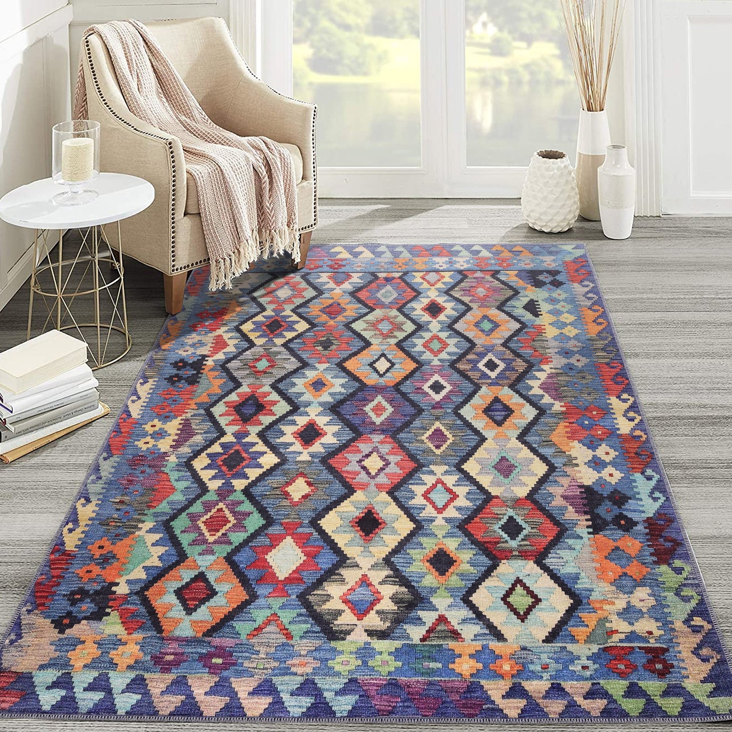 Ljuva Home – Kilim Tribal Geometric Multicolor Rug | Machine Washable Chenille Rug with Non-Slip Cotton Backing