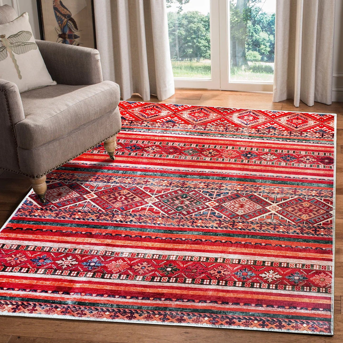 Ljuva Home 1322K – Machine Washable Red Tribal Kilim Rug | Multicolor Geometric Striped Carpet for Living Room, Bedroom & Dining