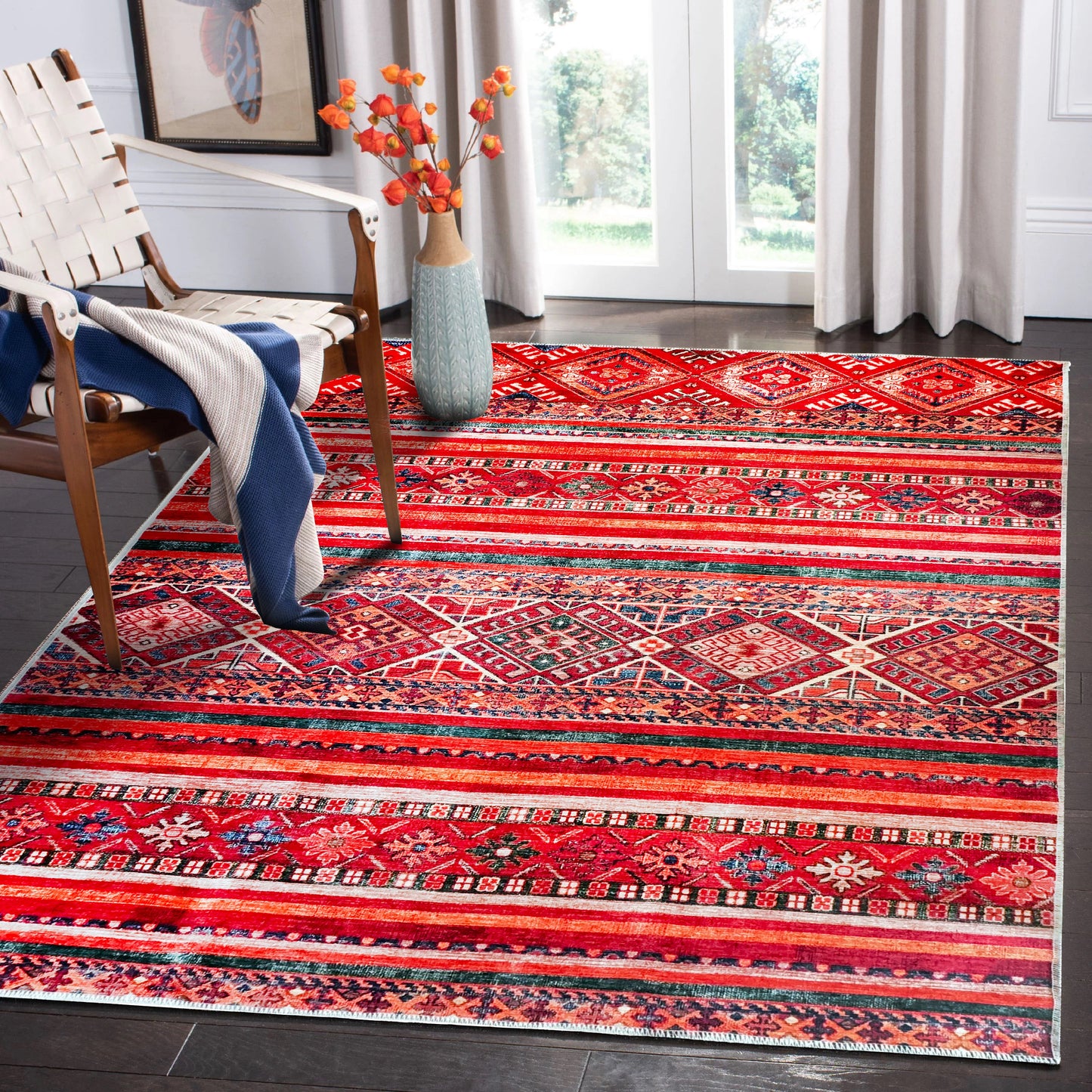 Ljuva Home 1322K – Machine Washable Red Tribal Kilim Rug | Multicolor Geometric Striped Carpet for Living Room, Bedroom & Dining