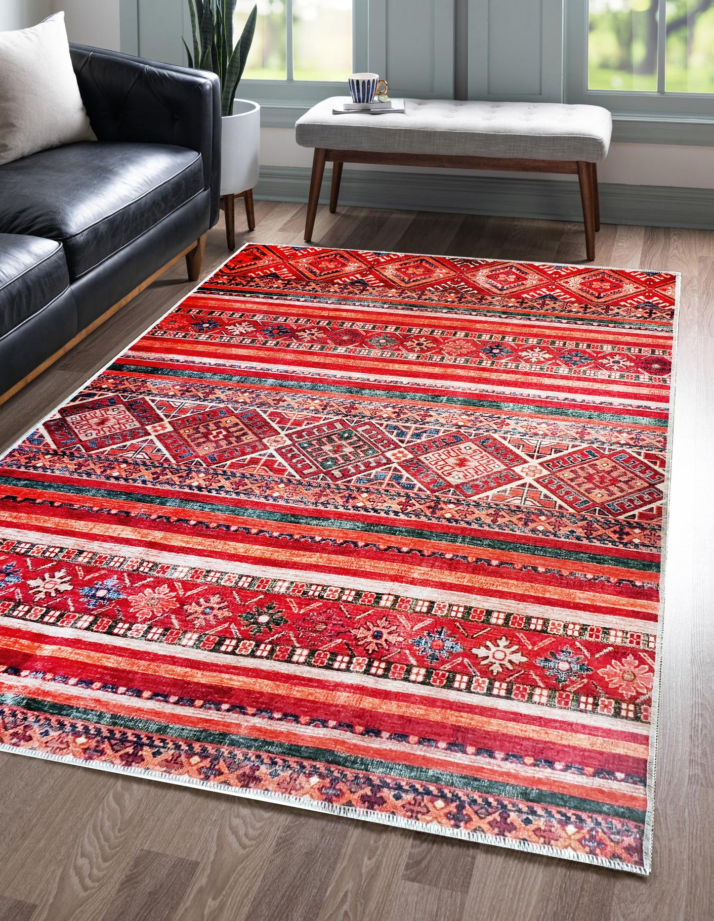 Ljuva Home 1322K – Machine Washable Red Tribal Kilim Rug | Multicolor Geometric Striped Carpet for Living Room, Bedroom & Dining